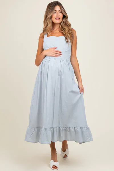 PinkBlush Light Blue Striped Cotton Sleeveless Maternity Dress