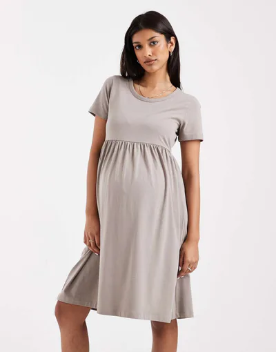 ASOS Mamalicious Maternity mini smock t-shirt dress in beige
