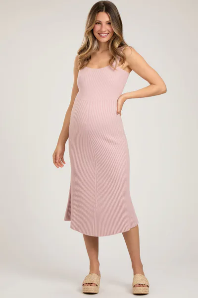 PinkBlush Light Pink Sweater Knit A-Line Maternity Midi Dress