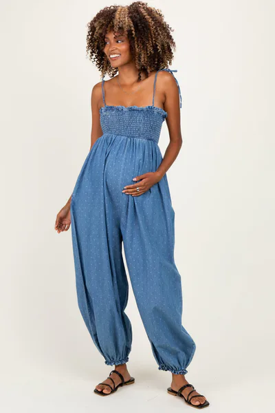 PinkBlush Blue Polka Dot Printed Maternity Jumpsuit