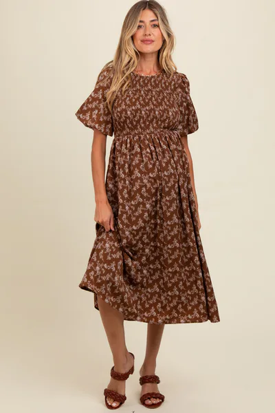 PinkBlush Brown Floral Smocked Maternity Midi Dress