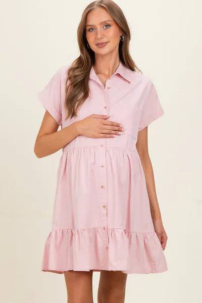 PinkBlush Rose Quartz Button Down Maternity Mini Dress