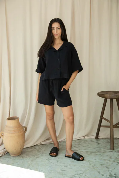 For The Creators PAOLA Organic Cotton Cheesecloth Black Shorts