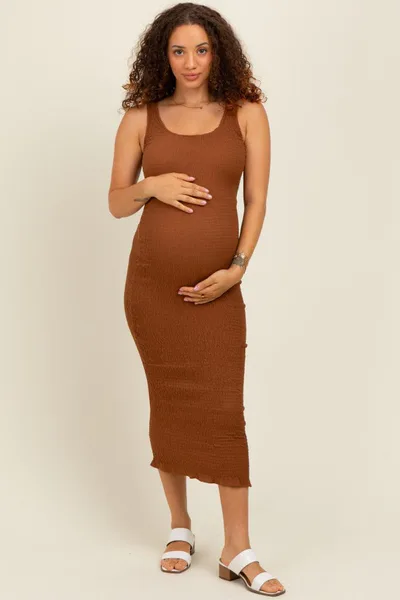 PinkBlush Mocha Smocked Sleeveless Ruffle Hem Maternity Fitted Dress