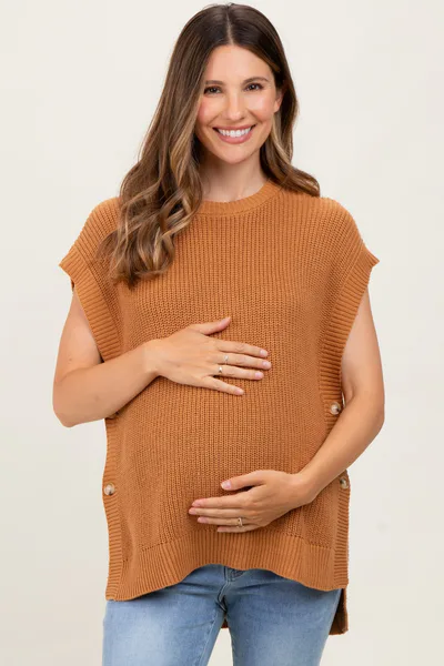 PinkBlush Camel Oversized Side Button Maternity Sweater Vest