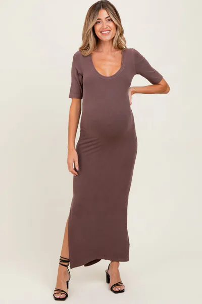 PinkBlush Brown Ruched Short Sleeve Side Slit Maternity Midi Dress