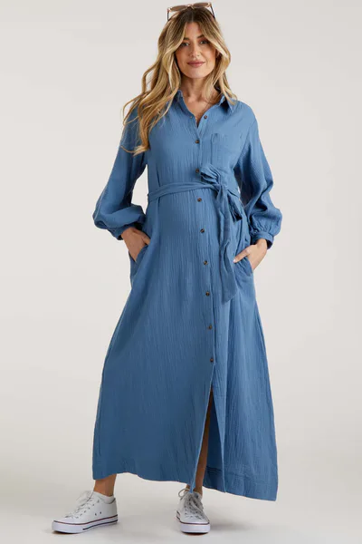 PinkBlush Blue Gauze Belted Shirt Maternity Midi Dress