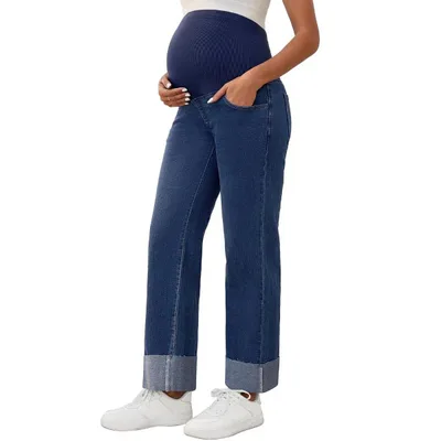 Target INSPIRE CHIC Women's Pregnant Cuffed Hem High Rise Straight Leg Denim Maternity Jeans Pant Small Dark Blue