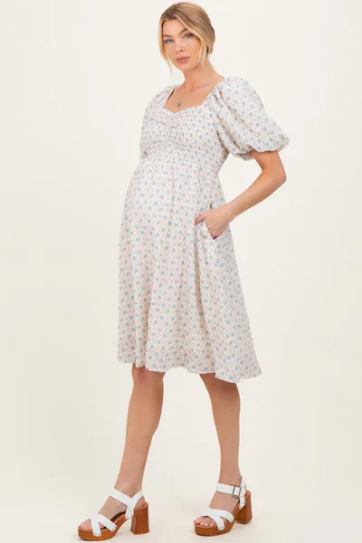 PinkBlush Pink Floral Square Neck Puff Sleeve Maternity Midi Dress