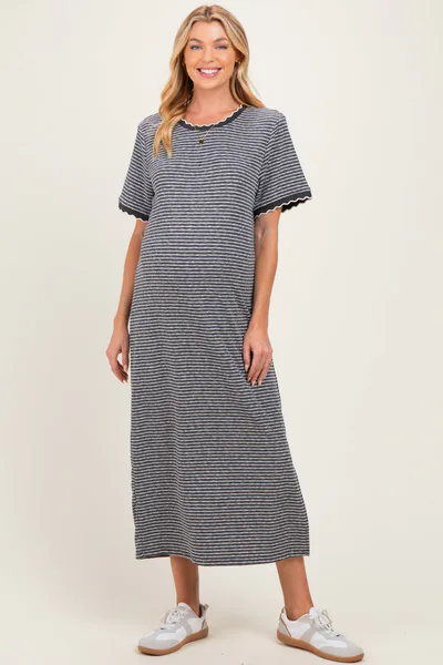 PinkBlush Charcoal Striped Knit Scallop Accent Maternity Maxi Dress