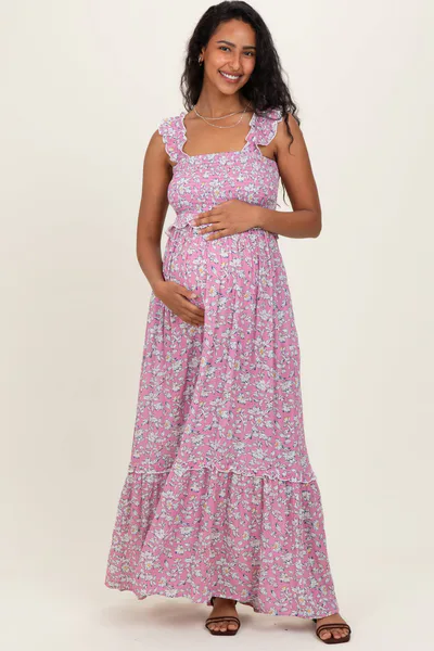 PinkBlush Mauve Floral Smocked Ruffle Accent Maternity Maxi Dress