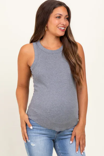 PinkBlush Grey Crew Neck Ribbed Knit Tank Top