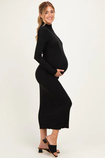 PinkBlush Black Ruffle Mock Neck Long Sleeve Maternity Midi Dress