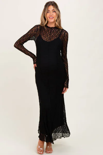PinkBlush Black Lace Mock Neck Long Sleeve Maternity Maxi Dress