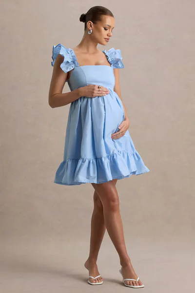 Club L London Dolly Daze | Powder Blue Ruffle Sleeve Babydoll Maternity Mini Dress