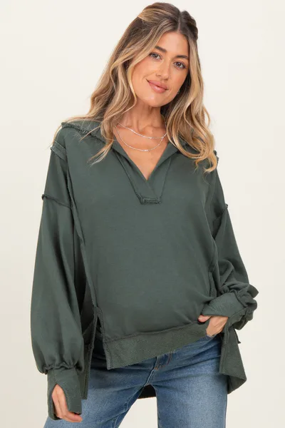 PinkBlush Olive Long Sleeve Reverse Stitch Collared Maternity Top