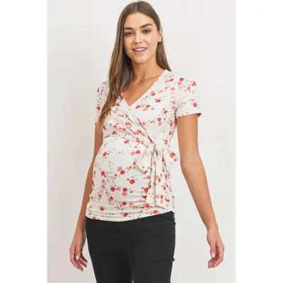 Target Hello Miz Women's Floral Wrap Nursing Short Sleeve Maternity Top- Ivory - Small