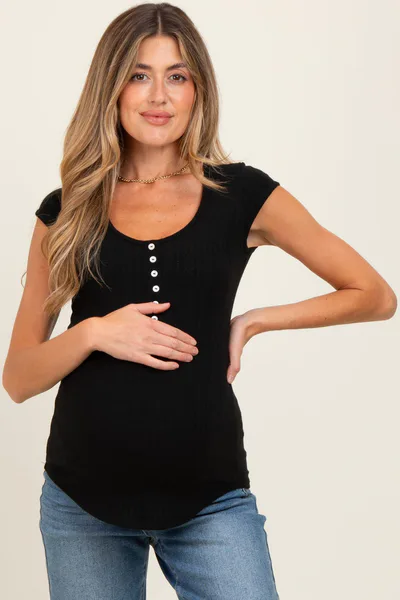 PinkBlush Black Jacquard Button Front Maternity Short Sleeve Top