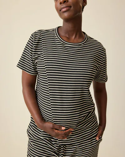 Kindred Bravely Luxe Terry Maternity & Nursing Split Hem T-shirt | Black & Ivory Stripe