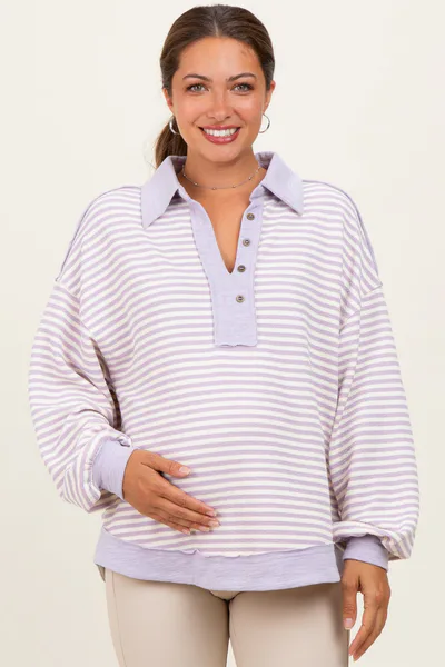 PinkBlush Lavender Striped Oversized Collared Pullover Maternity Top