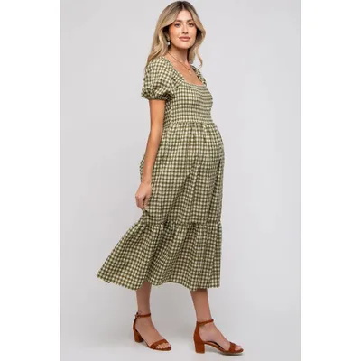 Target PinkBlush Olive Gingham Smocked Maternity Midi Dress Olive Large