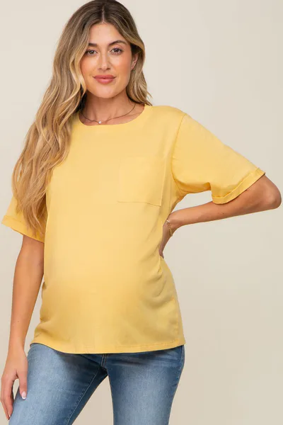 PinkBlush Yellow Oversized Pocket Front Short Sleeve Maternity Top