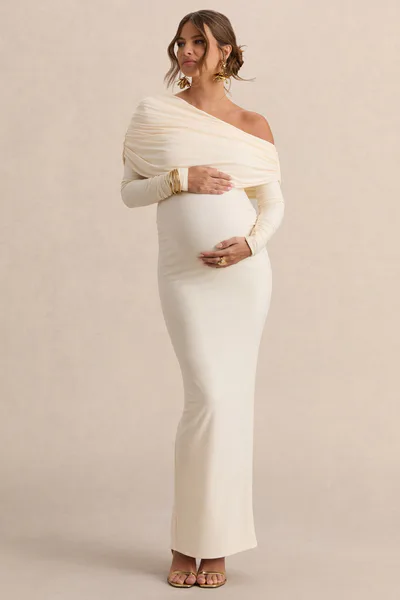 Club L London Carleigh | Cream Asymmetric-Neck Maternity Maxi Dress With Draped Detailing