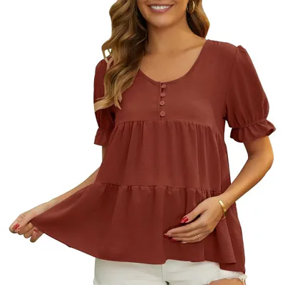 Target INSPIRE CHIC Women's Maternity Blouses Boho Ruffled V Neck Button Short Sleeve Tiered Shirts Flowy Casual Tops Medium Brown