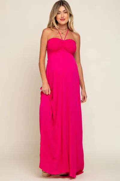 PinkBlush Fuchsia Smocked Halter Maternity Maxi Dress