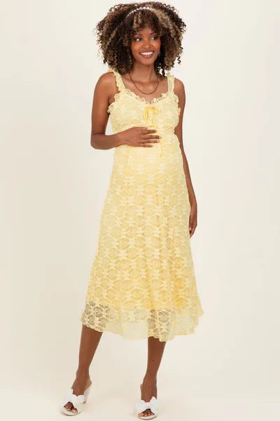 PinkBlush Yellow Floral Lace Ruffle Maternity Midi Dress