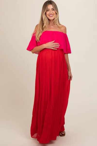PinkBlush Red Pleated Off Shoulder Colorblock Maternity Maxi Dress