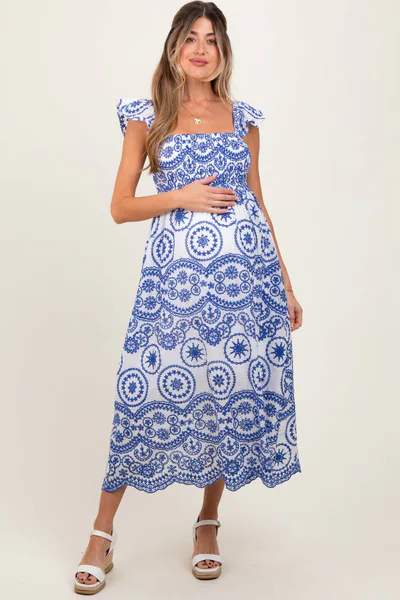PinkBlush Light Navy Embroidered Smocked Cutout Maternity Midi Dress