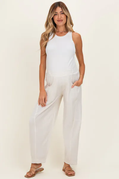 PinkBlush Oatmeal Linen Blend Barrel Leg Maternity Pants
