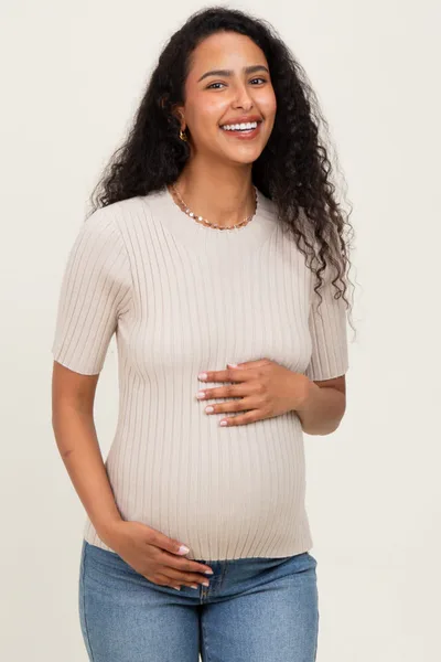 PinkBlush Cream Ribbed Mock Neck Knit Maternity Short Sleeve Top