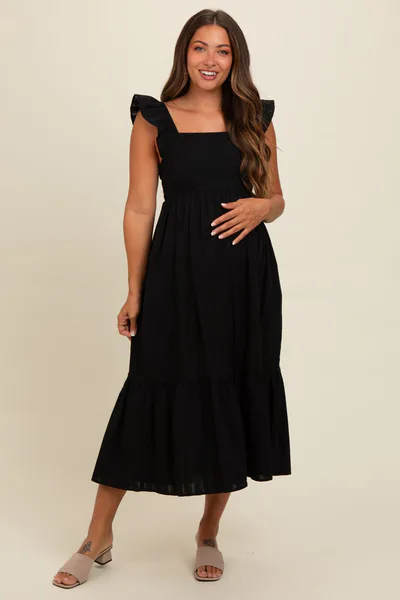 PinkBlush Black Textured Cotton Ruffle Strap Maternity Midi Dress