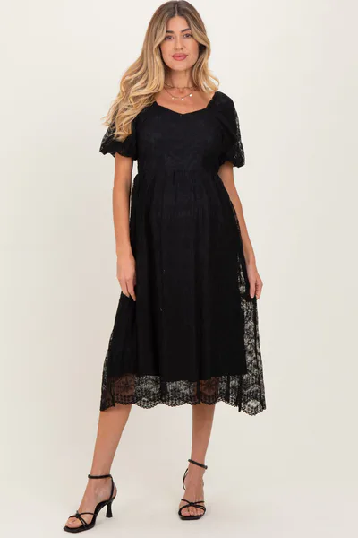 PinkBlush Black Lace Sweetheart Neck Short Sleeve Maternity Midi Dress