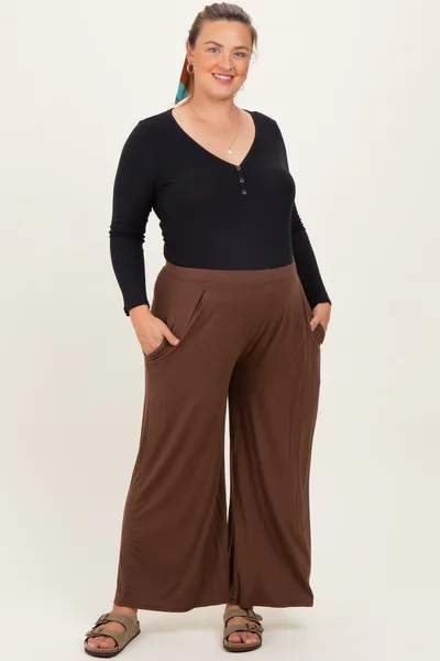 PinkBlush Brown Wide Leg Ankle Maternity Plus Lounge Pants