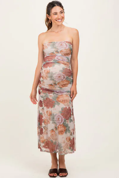 PinkBlush Taupe Floral Strapless Ruched Midi Maternity Dress