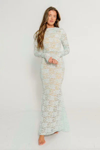 Worth Collective Seraphine Lace Maxi Dress in Pale Blue - Bump Friendly (Size Up for Bump)