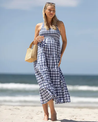 Angel Maternity Lilliana Blue Gingham Summer Maternity Dress