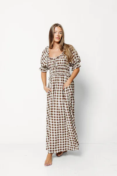 Worth Collective Sydnee Maxi Dress in Rust Brown Gingham - Bump Friendly & Inclusive Sizing *9/16 PRE-ORDER*