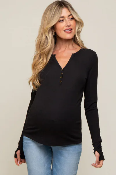 PinkBlush Black Button Front Long Sleeve Maternity Top