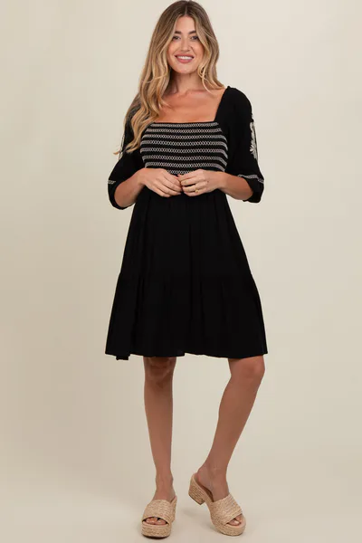 PinkBlush Black Smocked Embroidered Damask Maternity Dress