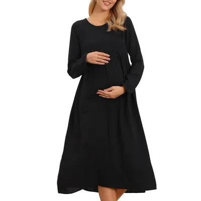 Target INSPIRE CHIC Women's Zip Flowy Tiered Fall Winter Pleated Long Sleeve Nursing Maternity Dresses for Breastfeeding Medium Black