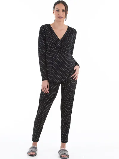 Angel Maternity V-Neck Top and Pants Loungewear/Pajama Set - Black Polka Dot