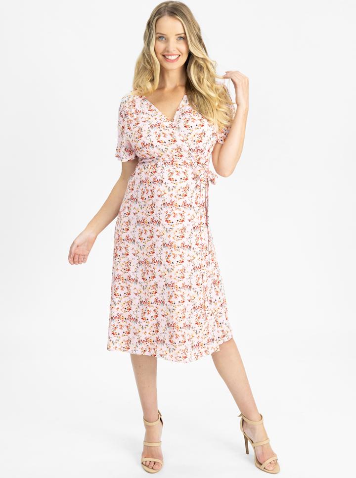 Angel Maternity Maternity and Nursing Wrap Dress in Floral Pink