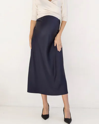 Angel Maternity Sheena Maternity Satin-Finish Midi Work Skirt in Navy