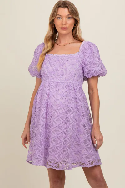 PinkBlush Lavender Floral Mesh Lace Puff Sleeve Maternity Dress