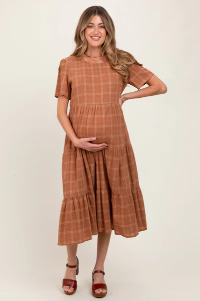 PinkBlush Rust Plaid Tiered Short Sleeve Maternity Dress