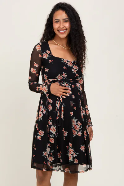 PinkBlush Black Floral Square Neck Long Sleeve Maternity Dress